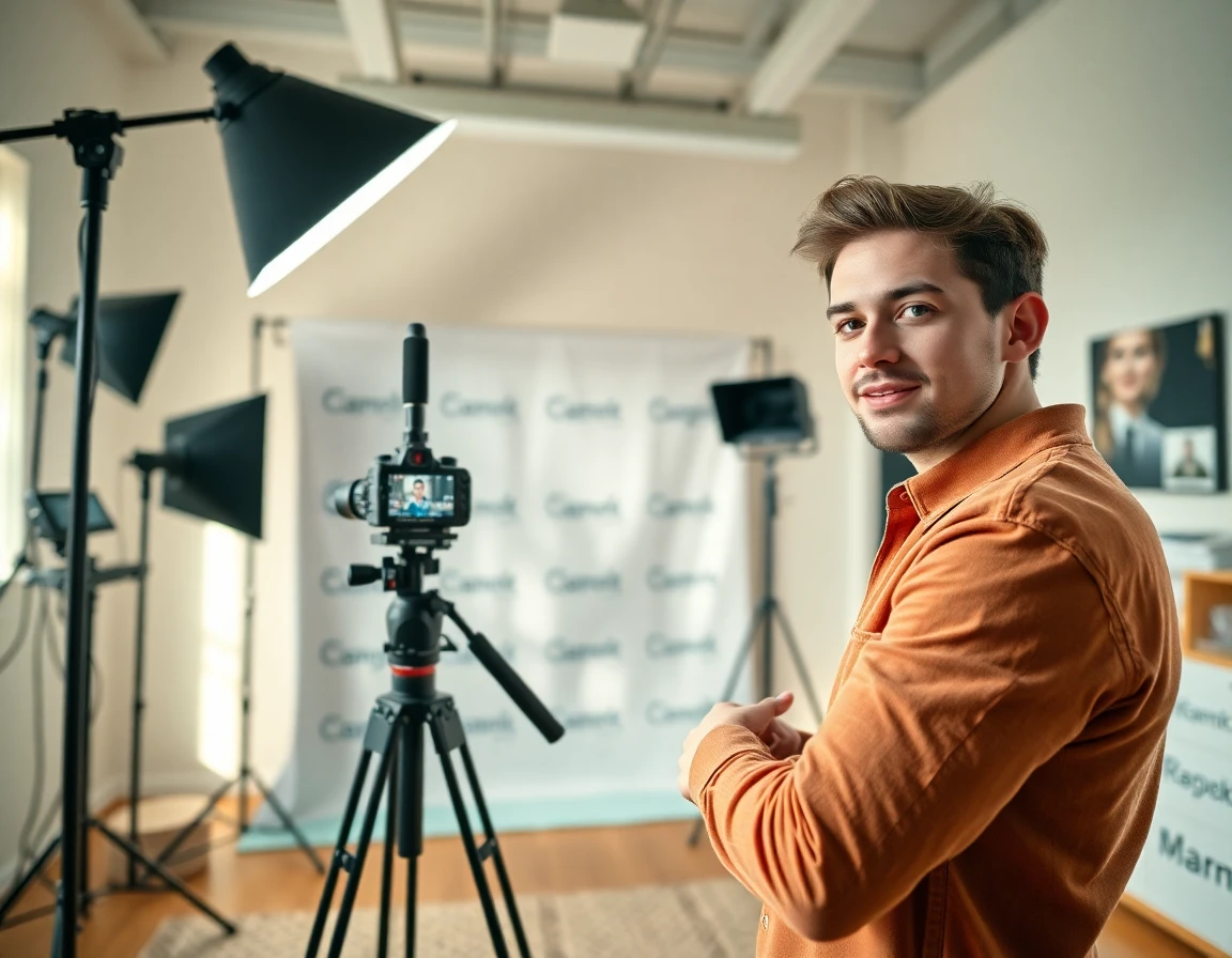 Home studio with professional lighting and camera setup, content creator preparing video, energetic and professional atmosphere