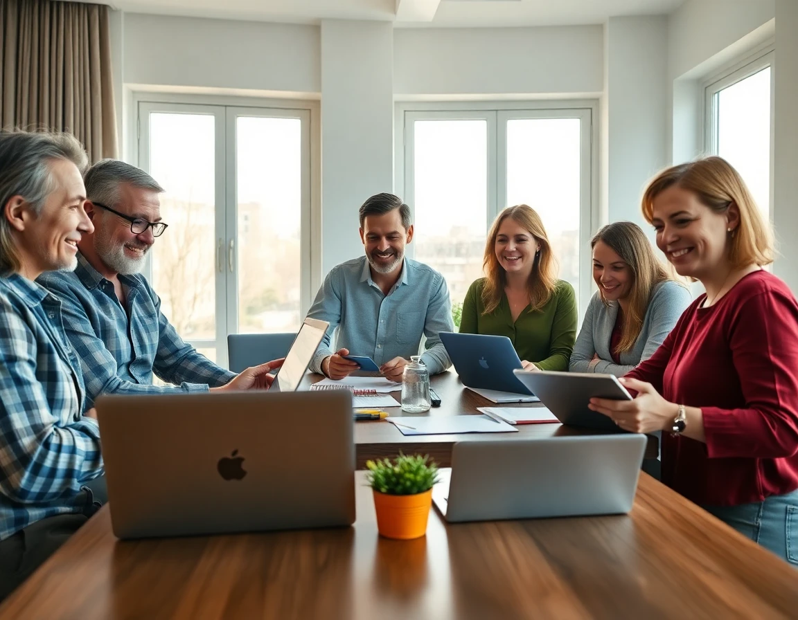 Diverse team collaborating in a modern home office with natural light, energetic, professional atmosphere, detailed photorealism