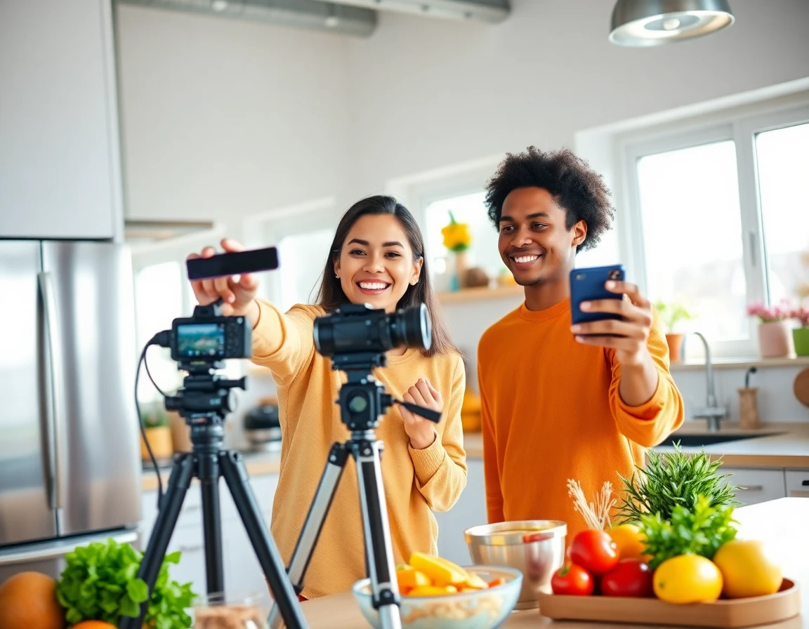 diverse couple creating content in modern kitchen during daytime