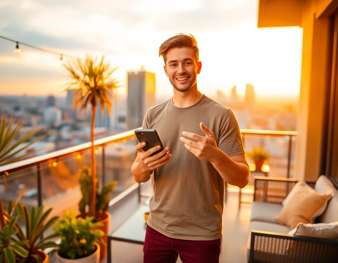 young male home contributor explaining concept on balcony during sunset